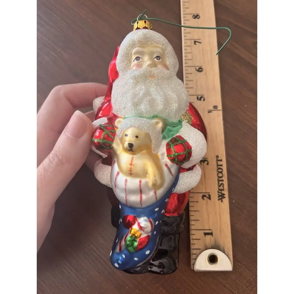 Vintage Glass Christmas Ornament Santa With Stocking EUC Hand Painted